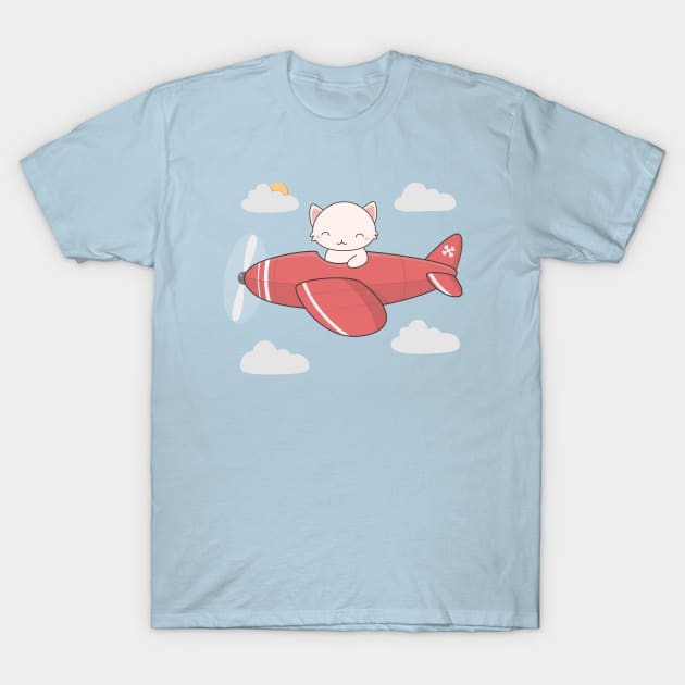 Kawaii Cute Flying Pilot Cat T-Shirt by wordsberry